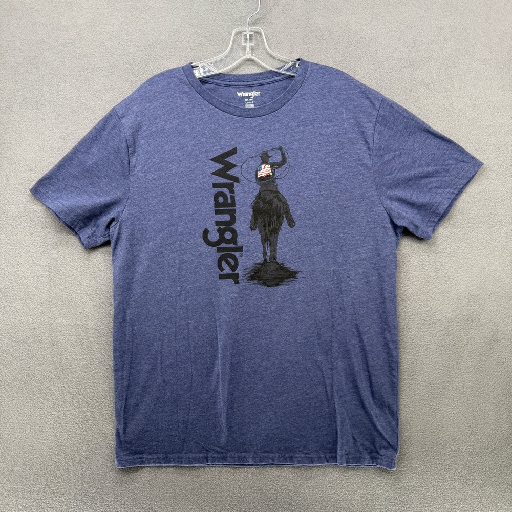 Wrangler Tee Shirt Mens Blue Heather Graphic Cowboy American Flag Logo Large